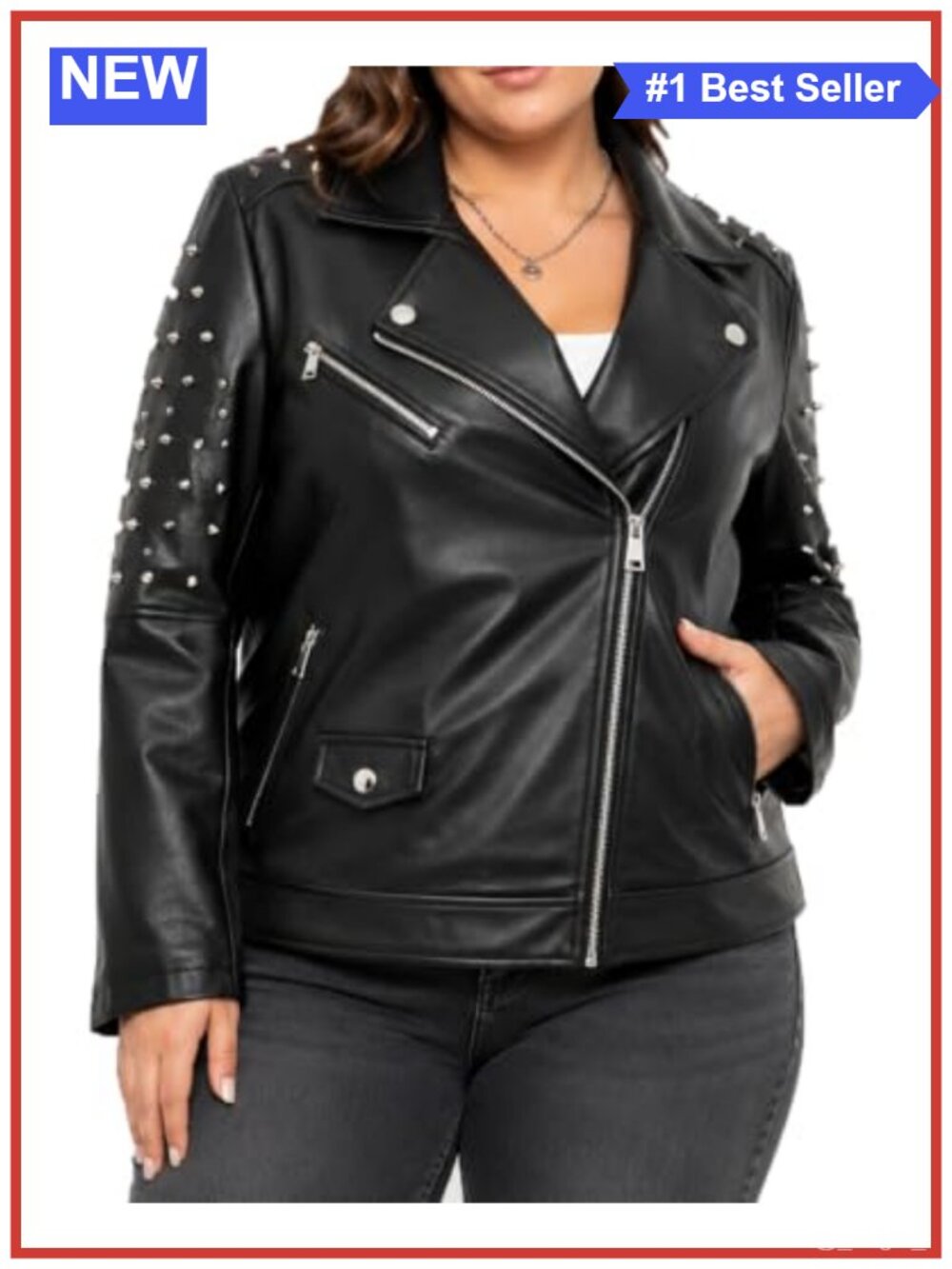 Faux Leather Moto Biker Jacket Studded Rivet Asymmetric Zip Coat